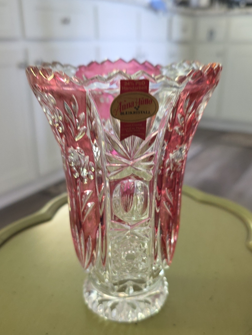 Anna Hutte Pink and Clear Cut Glass Vase